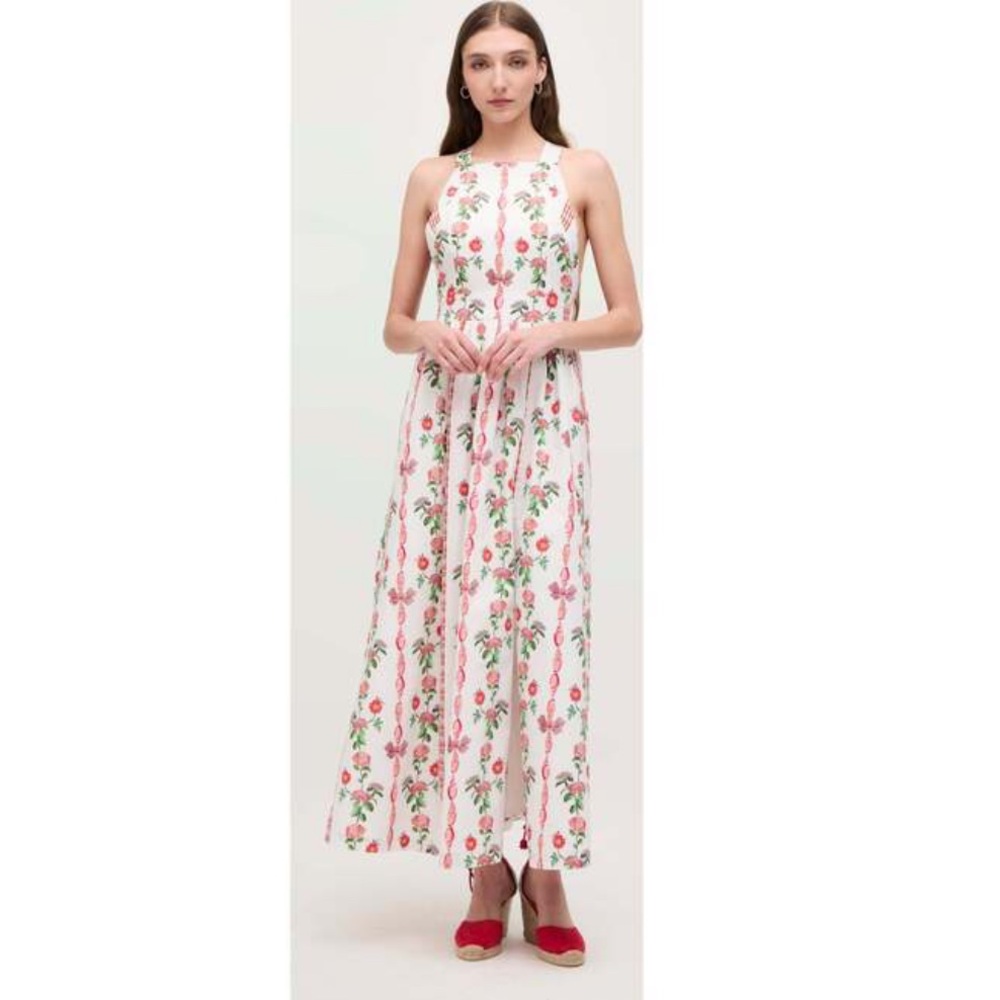 Hill House White Maxi Dress with Pink and Green Floral Print